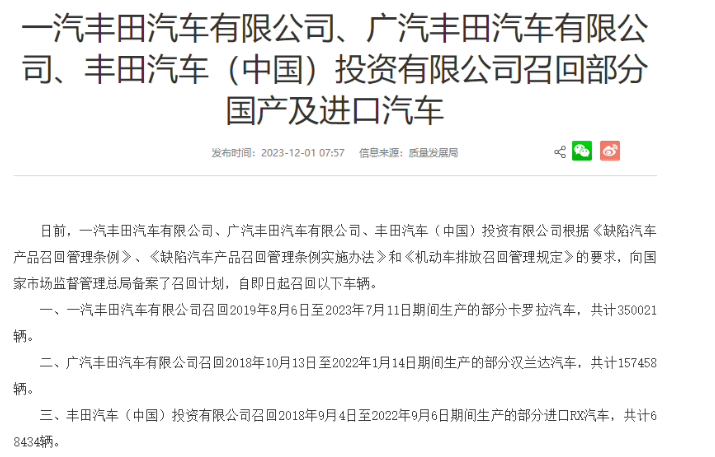 丰田召回部分国产及进口车，包含卡罗拉、汉兰达、RX