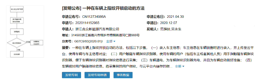 哪吒汽车公布指纹解锁汽车新专利